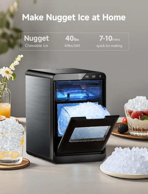 40Lbs/24H Nugget Ice Maker, Self-Cleaning Countertop Pebble Pellet Ice Machine for Home Kitchen Office