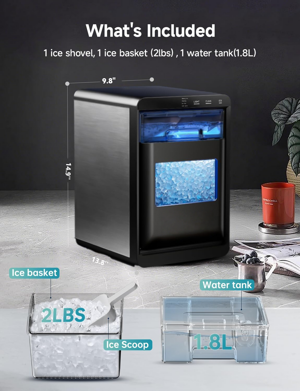 40Lbs/24H Nugget Ice Maker, Self-Cleaning Countertop Pebble Pellet Ice Machine for Home Kitchen Office