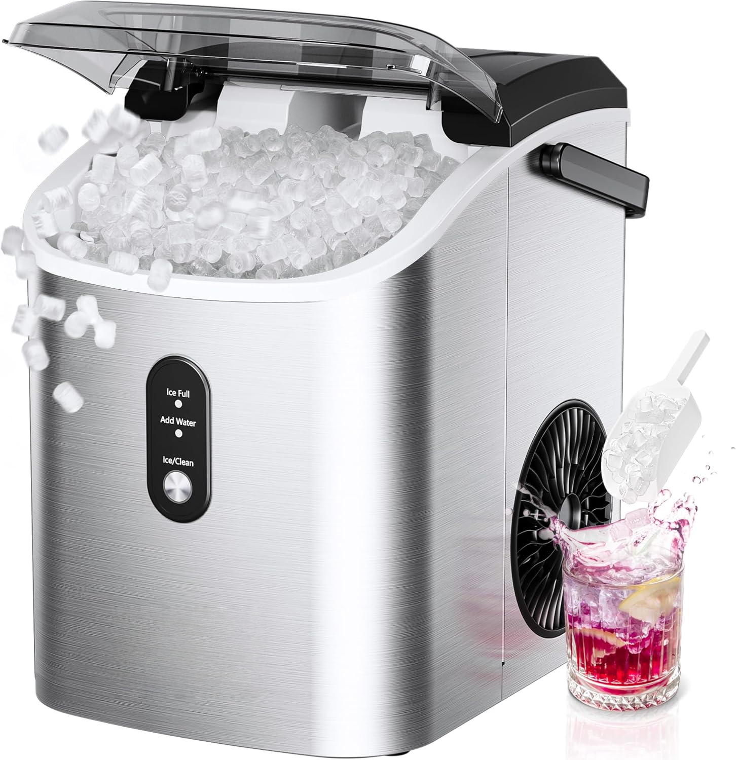 Countertop Nugget Ice Maker with Handle, Ready in 6 Mins, 34Lbs/24H, Removable Top Cover, Auto-Cleaning Portable Sonic Pellet Ice Maker with Basket and Scoop, Perfect for Home Party RV Camping