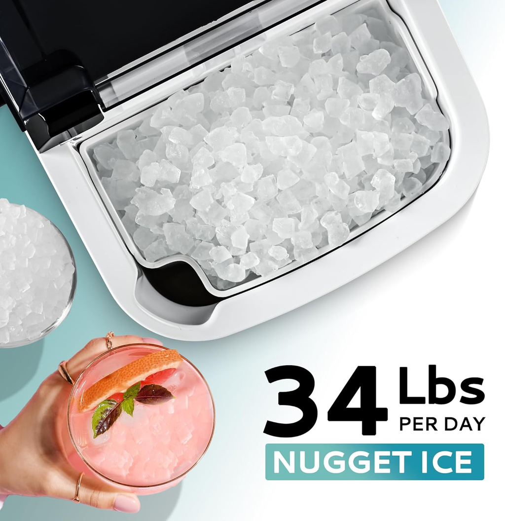 Countertop Nugget Ice Maker with Handle, Ready in 6 Mins, 34Lbs/24H, Removable Top Cover, Auto-Cleaning Portable Sonic Pellet Ice Maker with Basket and Scoop, Perfect for Home Party RV Camping