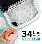 Countertop Nugget Ice Maker with Handle, Ready in 6 Mins, 34Lbs/24H, Removable Top Cover, Auto-Cleaning Portable Sonic Pellet Ice Maker with Basket and Scoop, Perfect for Home Party RV Camping