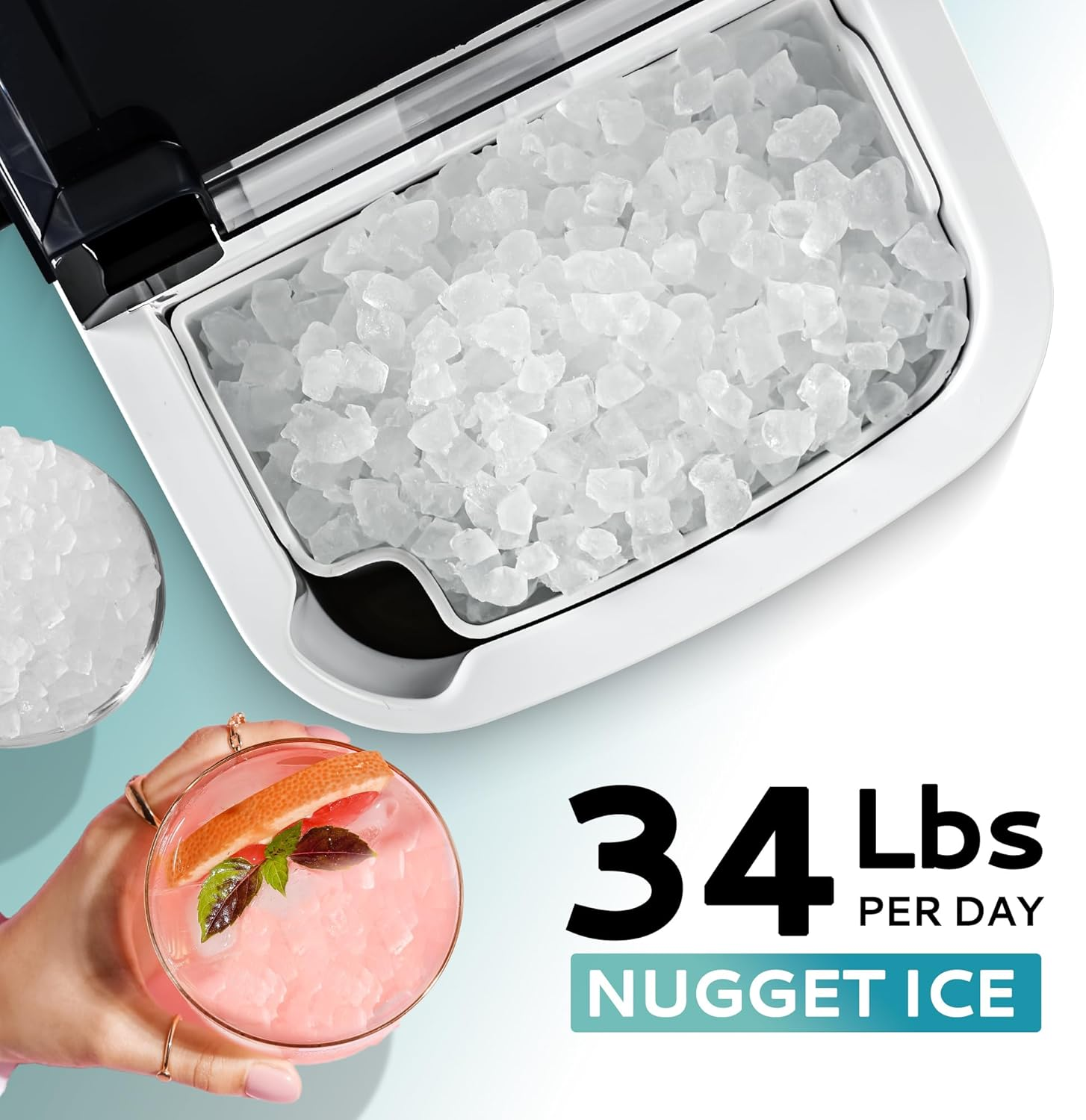 Countertop Nugget Ice Maker with Handle, Ready in 6 Mins, 34Lbs/24H, Removable Top Cover, Auto-Cleaning Portable Sonic Pellet Ice Maker with Basket and Scoop, Perfect for Home Party RV Camping