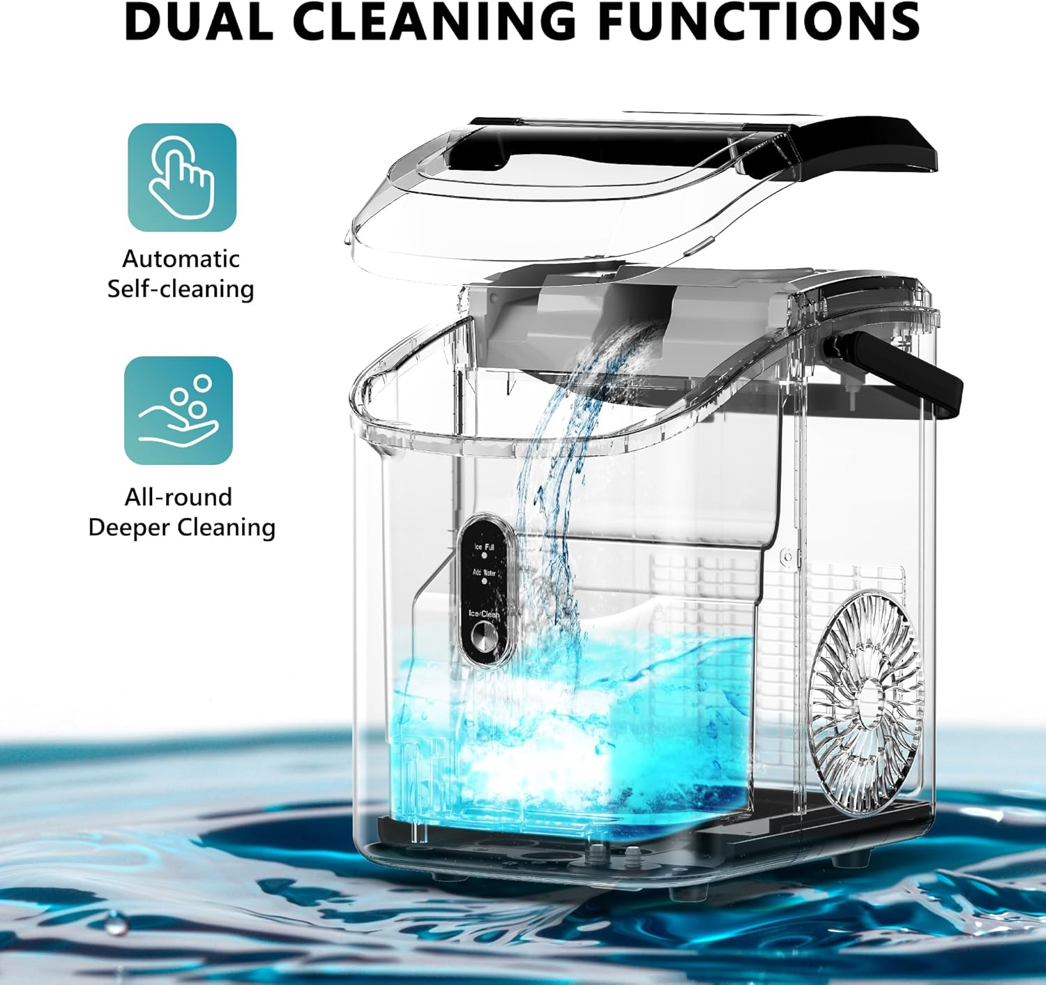 Countertop Nugget Ice Maker with Handle, Ready in 6 Mins, 34Lbs/24H, Removable Top Cover, Auto-Cleaning Portable Sonic Pellet Ice Maker with Basket and Scoop, Perfect for Home Party RV Camping