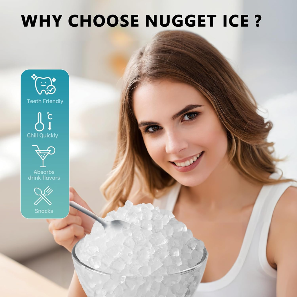 Countertop Nugget Ice Maker with Handle, Ready in 6 Mins, 34Lbs/24H, Removable Top Cover, Auto-Cleaning Portable Sonic Pellet Ice Maker with Basket and Scoop, Perfect for Home Party RV Camping