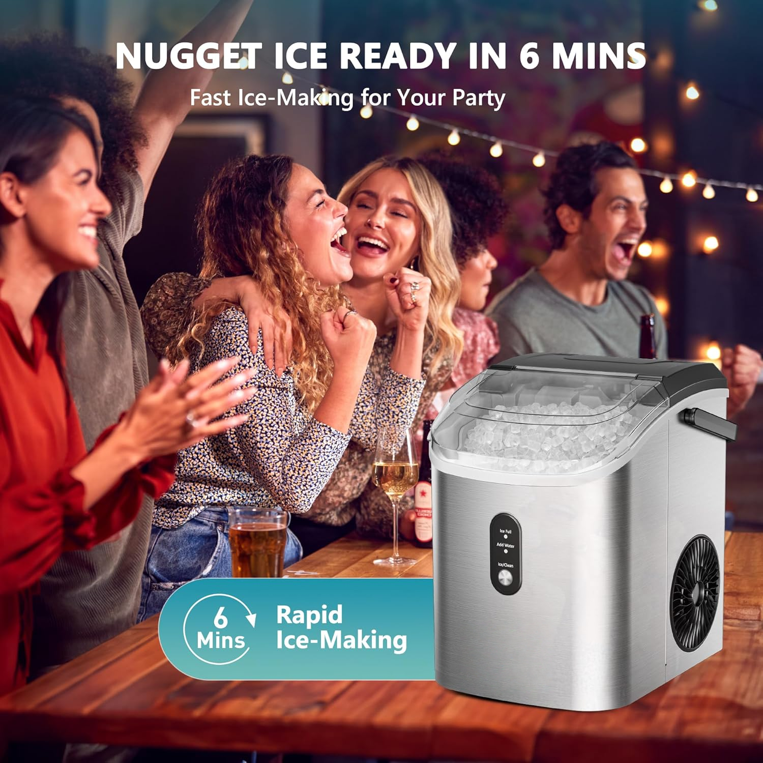 Countertop Nugget Ice Maker with Handle, Ready in 6 Mins, 34Lbs/24H, Removable Top Cover, Auto-Cleaning Portable Sonic Pellet Ice Maker with Basket and Scoop, Perfect for Home Party RV Camping
