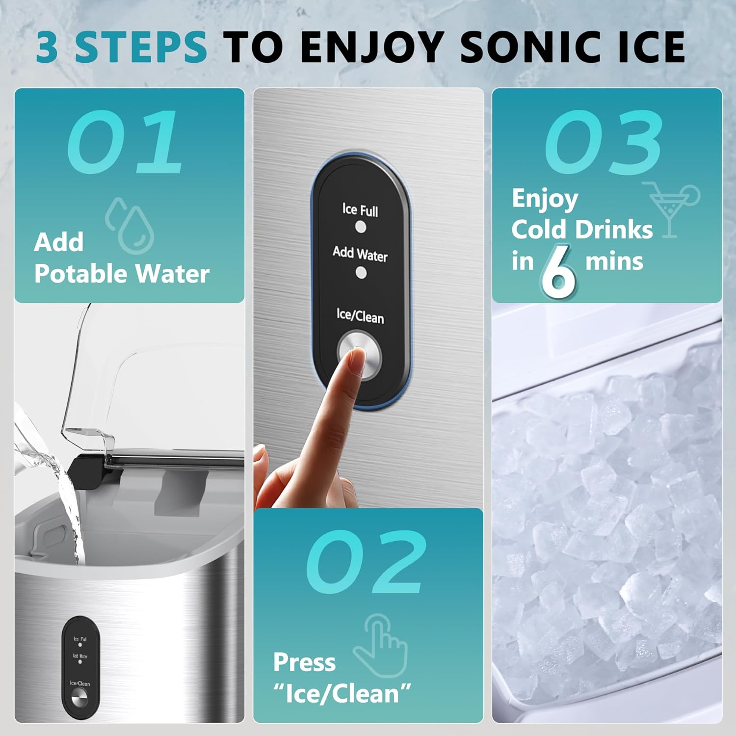 Countertop Nugget Ice Maker with Handle, Ready in 6 Mins, 34Lbs/24H, Removable Top Cover, Auto-Cleaning Portable Sonic Pellet Ice Maker with Basket and Scoop, Perfect for Home Party RV Camping