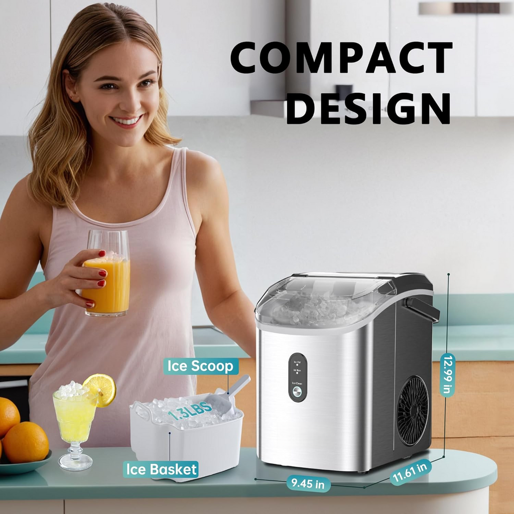 Countertop Nugget Ice Maker with Handle, Ready in 6 Mins, 34Lbs/24H, Removable Top Cover, Auto-Cleaning Portable Sonic Pellet Ice Maker with Basket and Scoop, Perfect for Home Party RV Camping