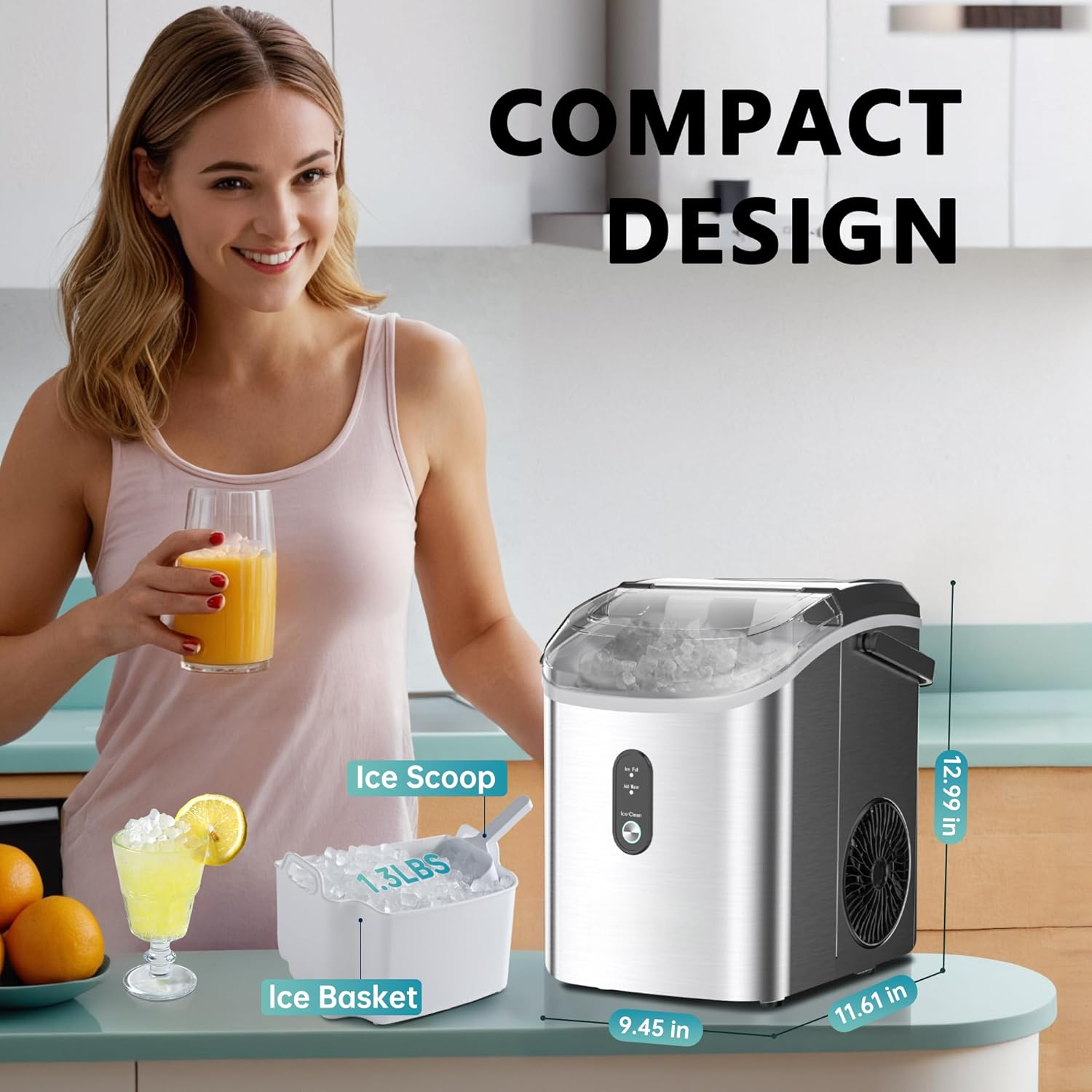 Countertop Nugget Ice Maker with Handle, Ready in 6 Mins, 34Lbs/24H, Removable Top Cover, Auto-Cleaning Portable Sonic Pellet Ice Maker with Basket and Scoop, Perfect for Home Party RV Camping