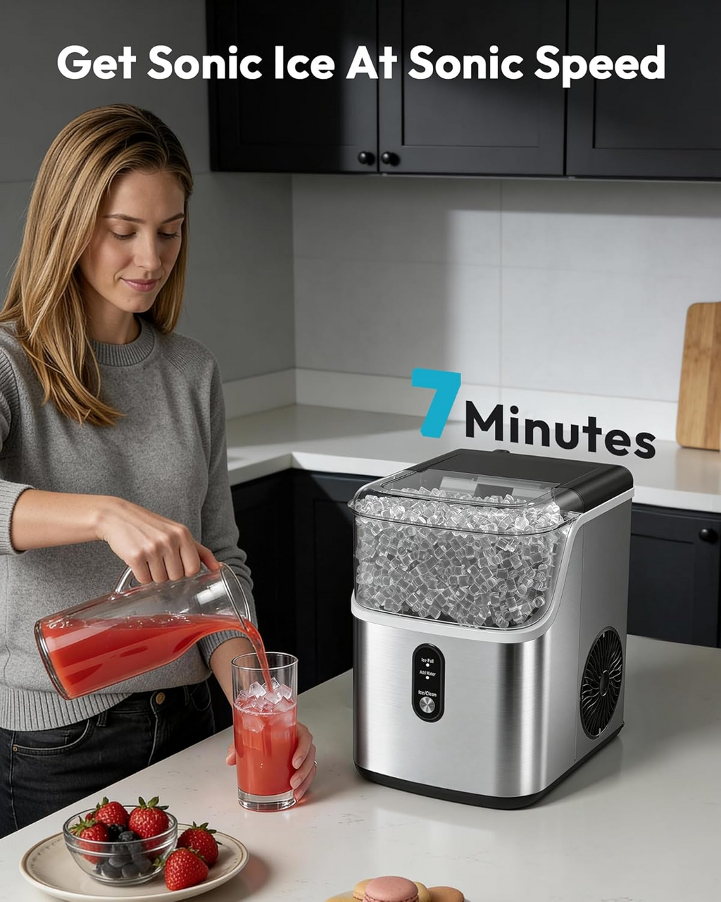 7 Mins Fast Countertop Nugget Ice Maker, 34Lbs/24H Self-Cleaning Pellet Ice Machine with Scoop & Basket, Stainless Steel for Home