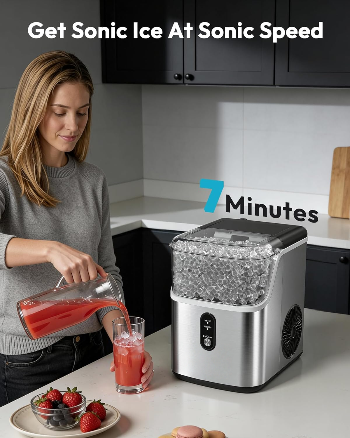 7 Mins Fast Countertop Nugget Ice Maker, 34Lbs/24H Self-Cleaning Pellet Ice Machine with Scoop & Basket, Stainless Steel for Home