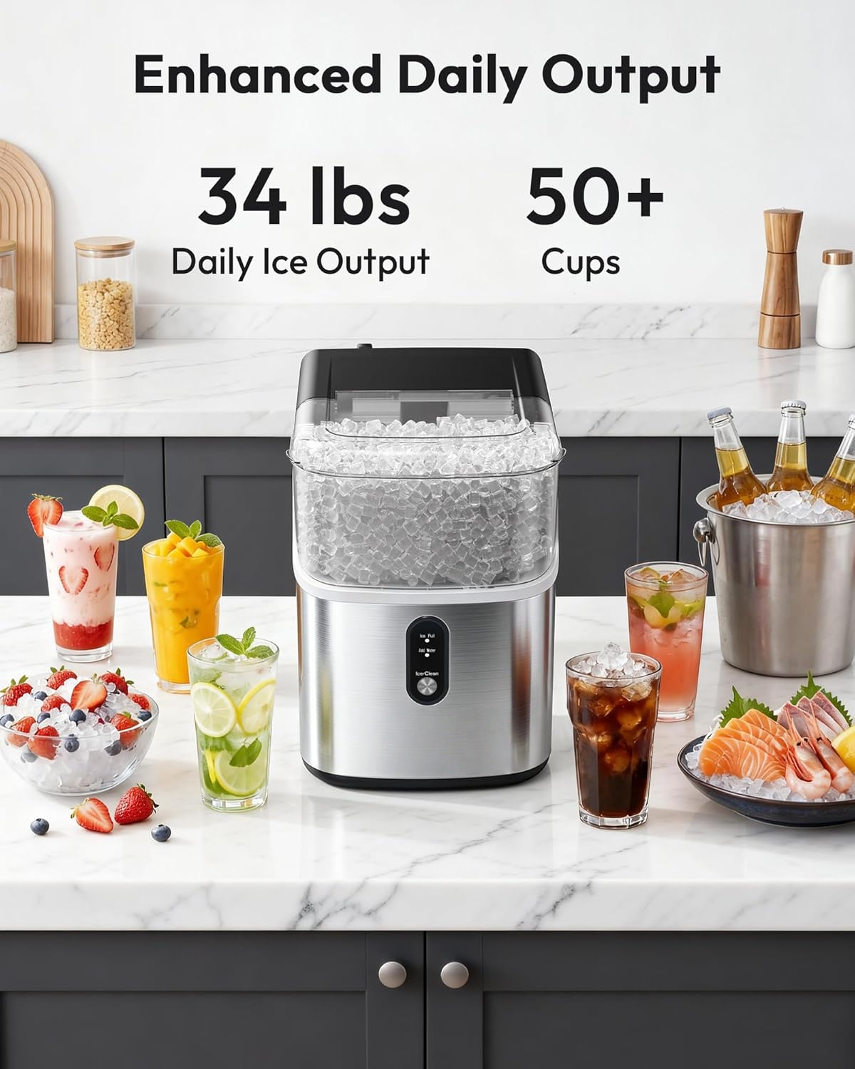 7 Mins Fast Countertop Nugget Ice Maker, 34Lbs/24H Self-Cleaning Pellet Ice Machine with Scoop & Basket, Stainless Steel for Home