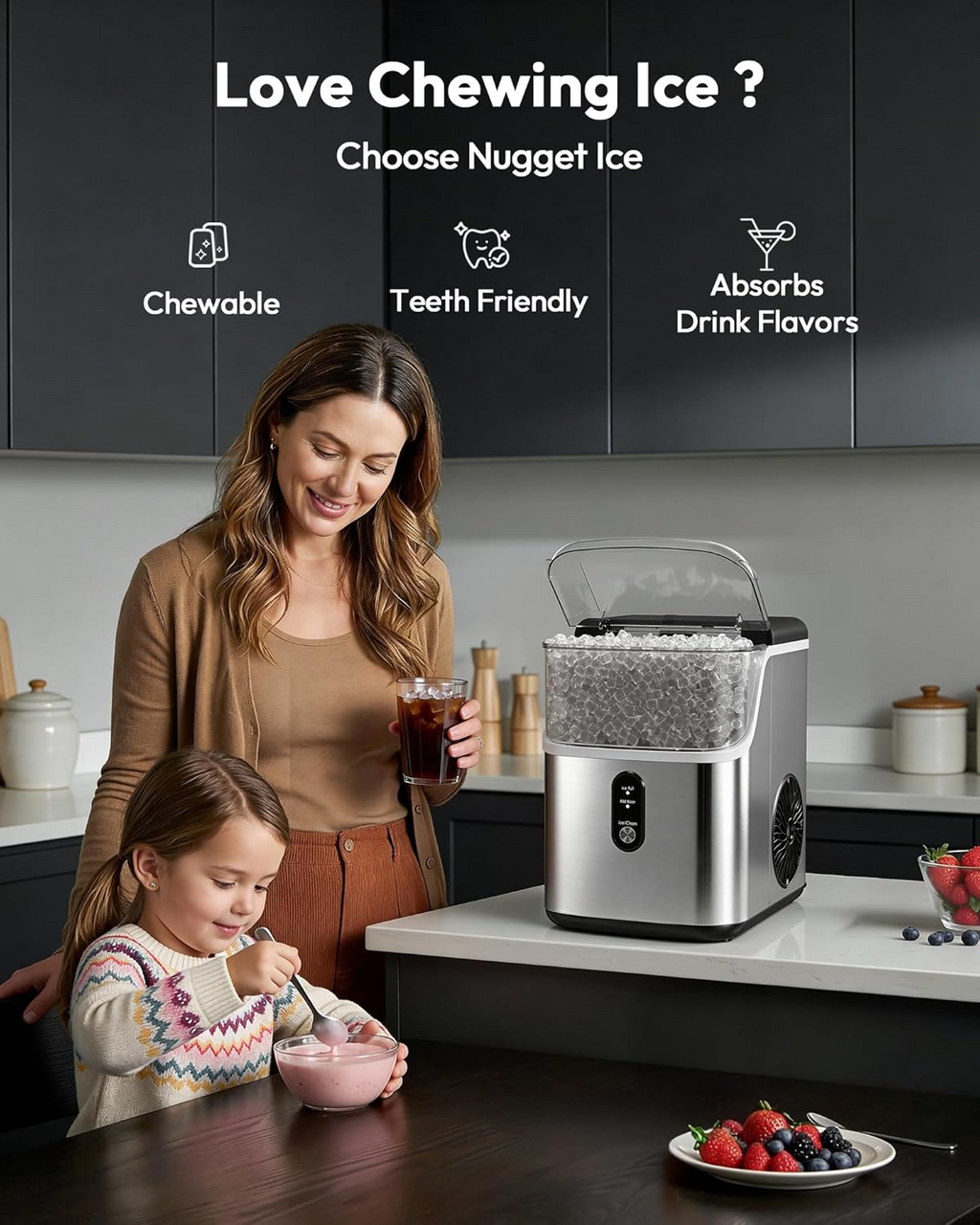 7 Mins Fast Countertop Nugget Ice Maker, 34Lbs/24H Self-Cleaning Pellet Ice Machine with Scoop & Basket, Stainless Steel for Home