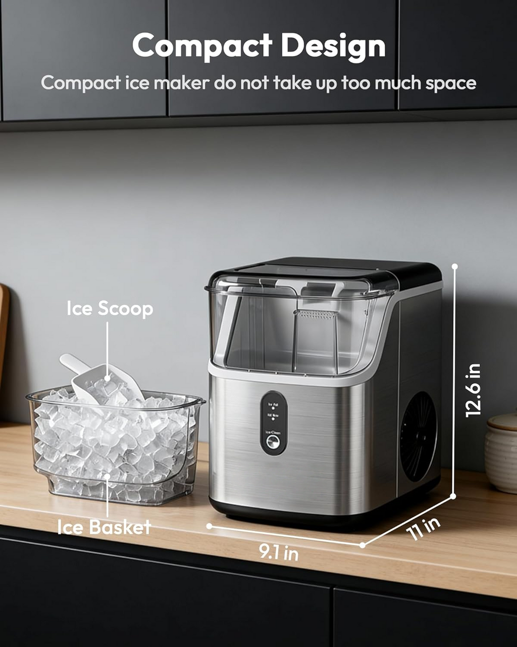 7 Mins Fast Countertop Nugget Ice Maker, 34Lbs/24H Self-Cleaning Pellet Ice Machine with Scoop & Basket, Stainless Steel for Home