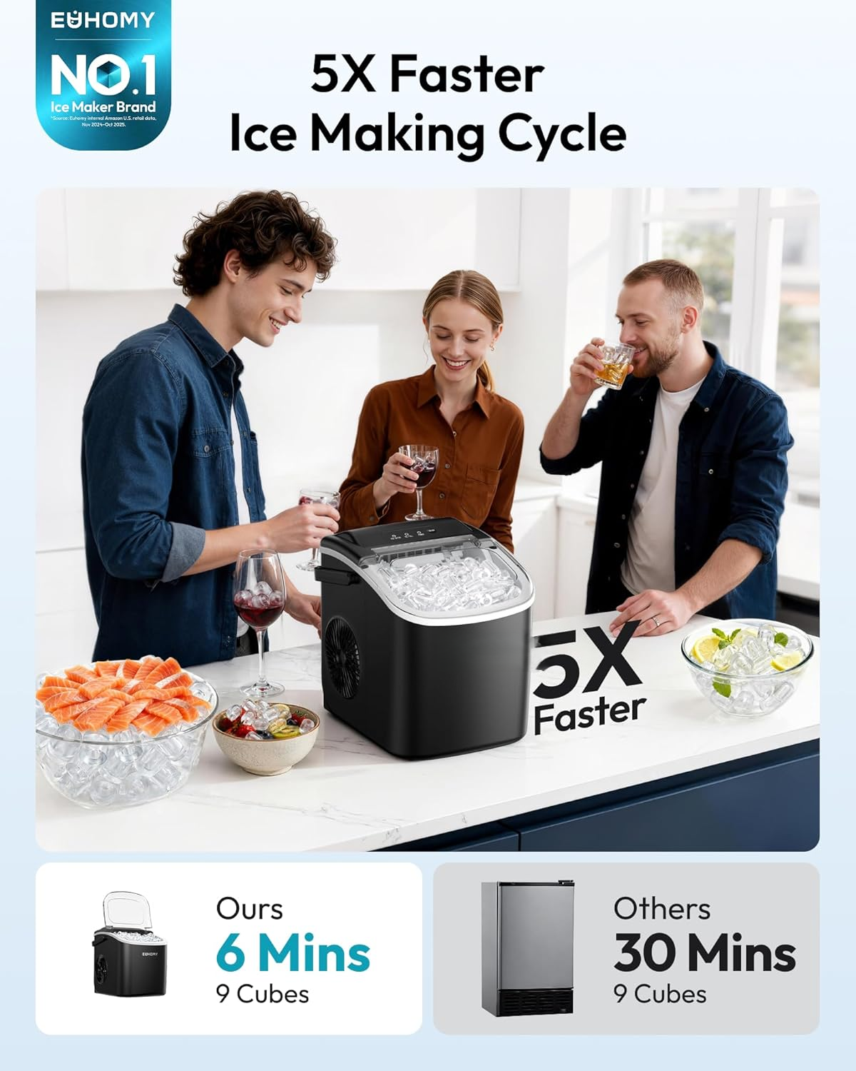26Lbs/24H Countertop Ice Maker, 6 Mins Fast Ice Making with Handle, Auto-Cleaning Portable Ice Machine for Home Camping RV, Black