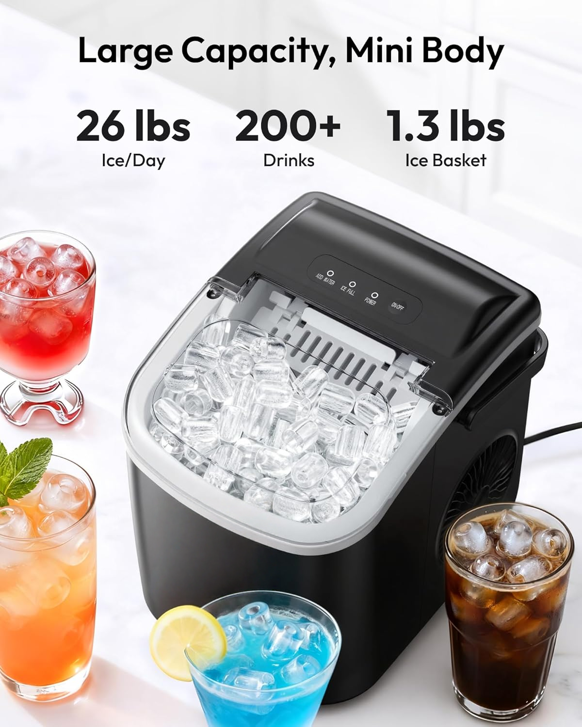 26Lbs/24H Countertop Ice Maker, 6 Mins Fast Ice Making with Handle, Auto-Cleaning Portable Ice Machine for Home Camping RV, Black