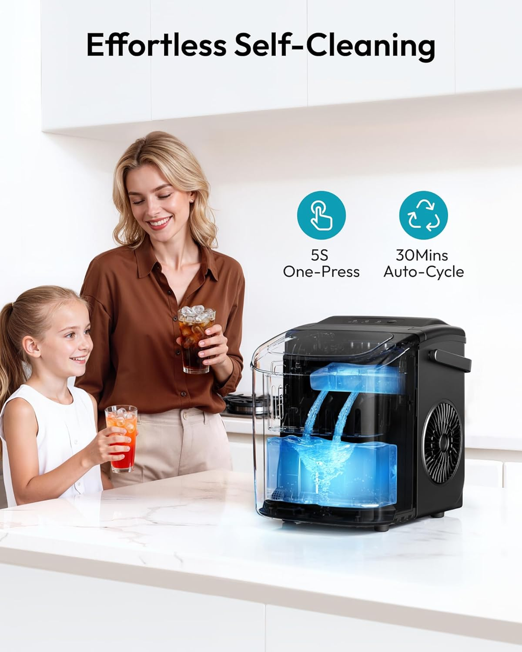 26Lbs/24H Countertop Ice Maker, 6 Mins Fast Ice Making with Handle, Auto-Cleaning Portable Ice Machine for Home Camping RV, Black