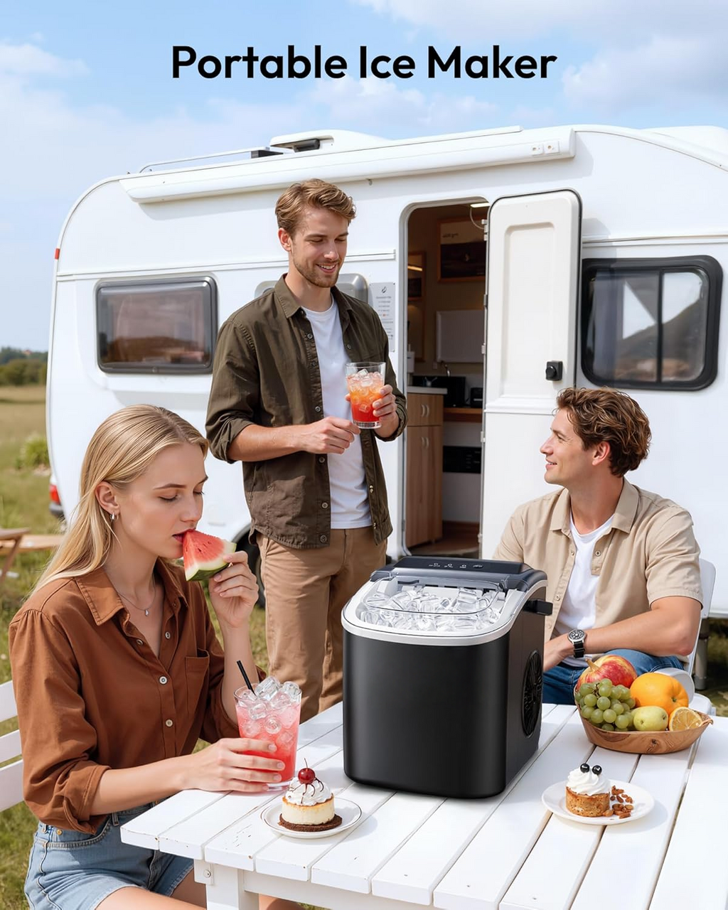 26Lbs/24H Countertop Ice Maker, 6 Mins Fast Ice Making with Handle, Auto-Cleaning Portable Ice Machine for Home Camping RV, Black