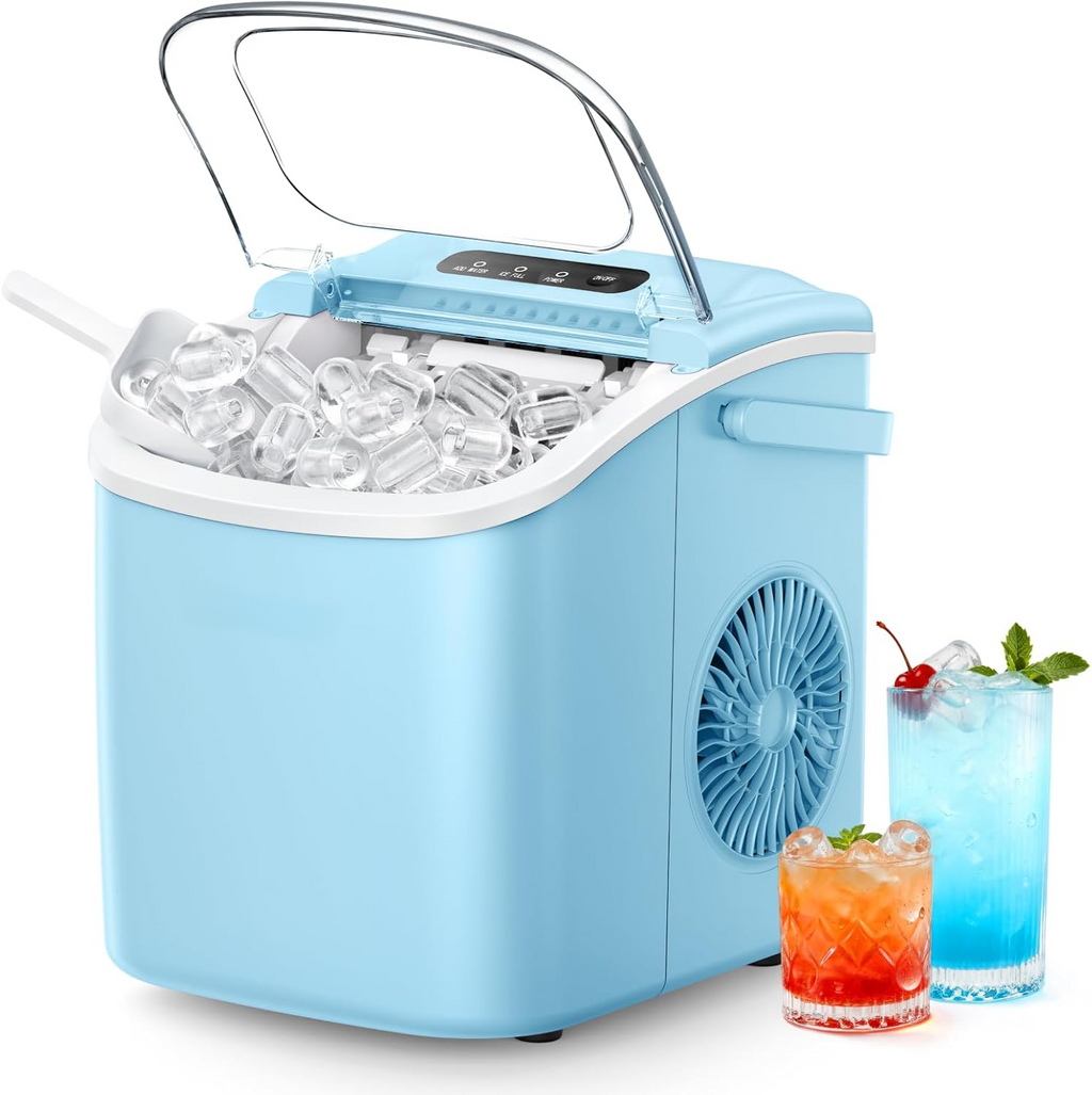 Countertop Ice Maker with Handle, 26Lbs/24H Portable Ice Machine, 9 Ice Cubes Ready in 6 Mins, Auto-Cleaning Ice Maker with Basket & Scoop for Home Kitchen Camping RV, Blue