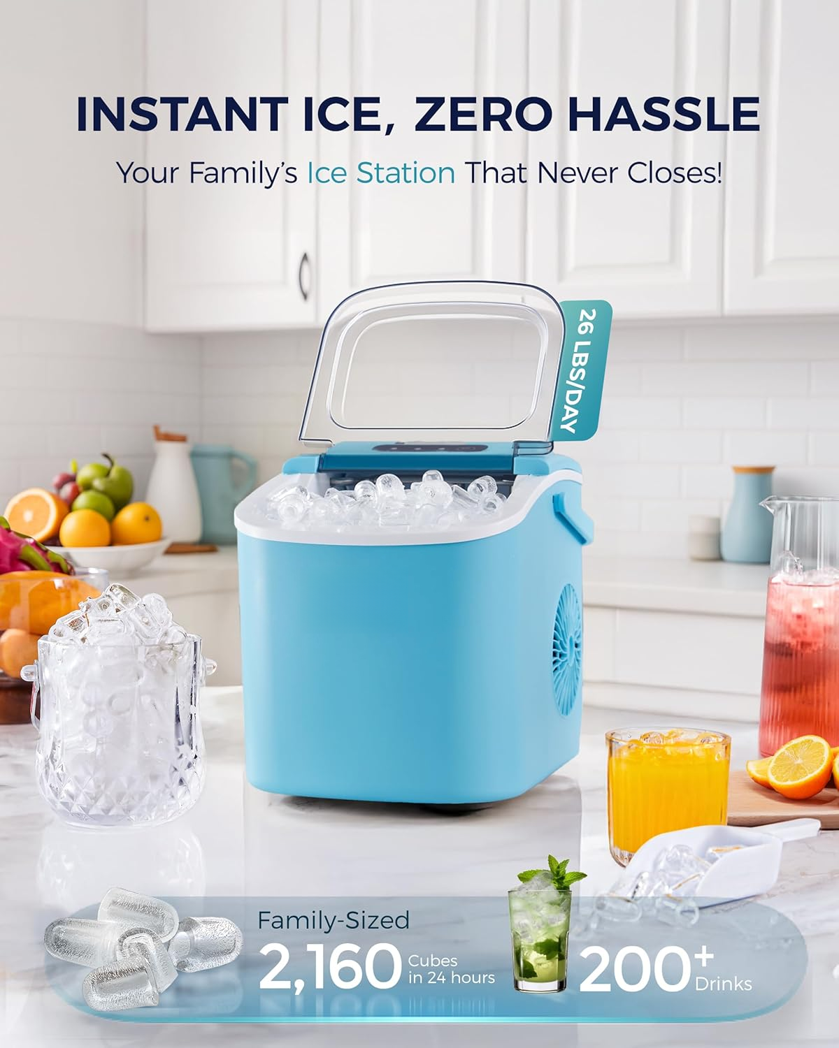 Countertop Ice Maker with Handle, 26Lbs/24H Portable Ice Machine, 9 Ice Cubes Ready in 6 Mins, Auto-Cleaning Ice Maker with Basket & Scoop for Home Kitchen Camping RV, Blue