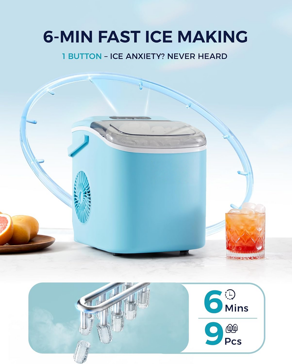 Countertop Ice Maker with Handle, 26Lbs/24H Portable Ice Machine, 9 Ice Cubes Ready in 6 Mins, Auto-Cleaning Ice Maker with Basket & Scoop for Home Kitchen Camping RV, Blue