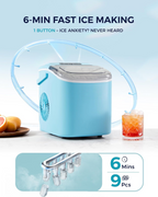 Countertop Ice Maker with Handle, 26Lbs/24H Portable Ice Machine, 9 Ice Cubes Ready in 6 Mins, Auto-Cleaning Ice Maker with Basket & Scoop for Home Kitchen Camping RV, Blue