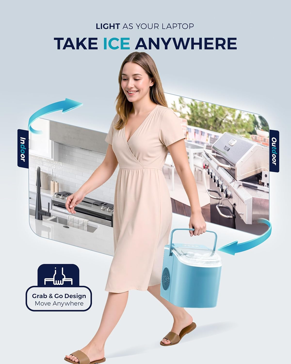 Countertop Ice Maker with Handle, 26Lbs/24H Portable Ice Machine, 9 Ice Cubes Ready in 6 Mins, Auto-Cleaning Ice Maker with Basket & Scoop for Home Kitchen Camping RV, Blue
