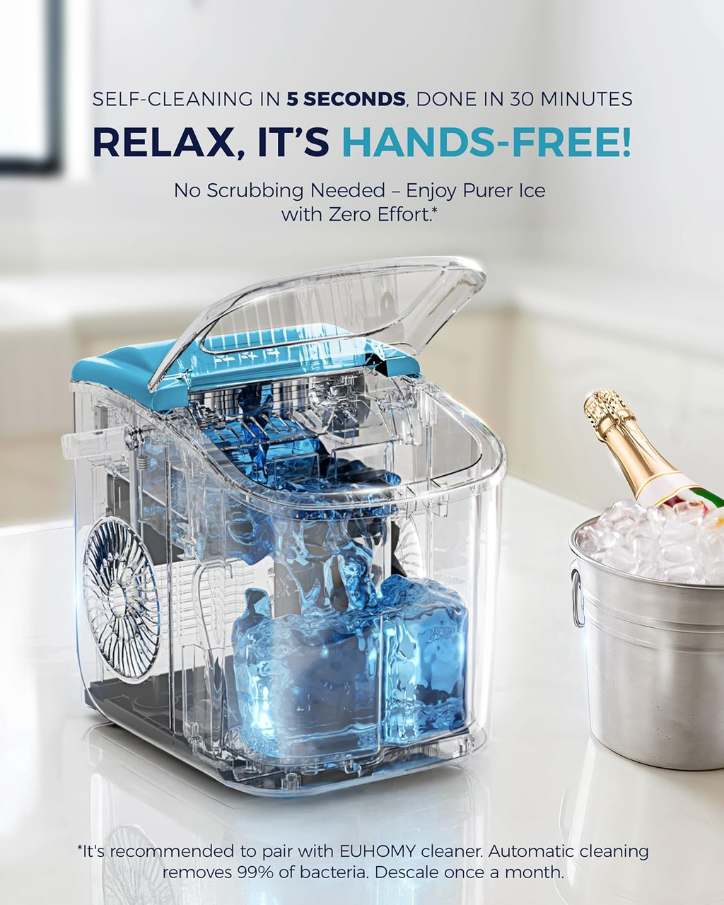 Countertop Ice Maker with Handle, 26Lbs/24H Portable Ice Machine, 9 Ice Cubes Ready in 6 Mins, Auto-Cleaning Ice Maker with Basket & Scoop for Home Kitchen Camping RV, Blue