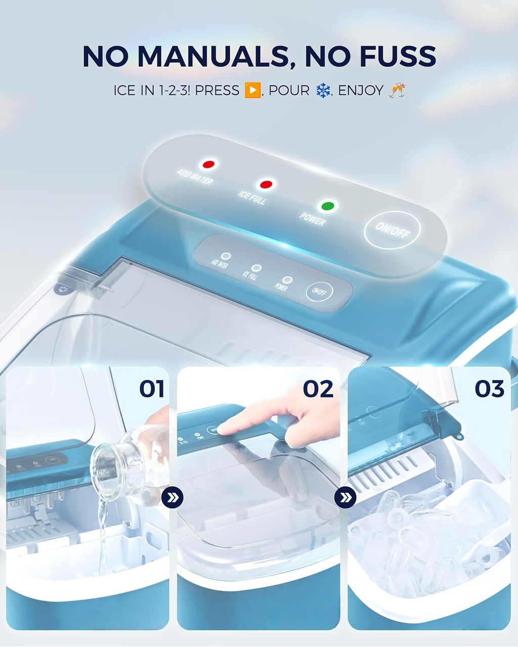 Countertop Ice Maker with Handle, 26Lbs/24H Portable Ice Machine, 9 Ice Cubes Ready in 6 Mins, Auto-Cleaning Ice Maker with Basket & Scoop for Home Kitchen Camping RV, Blue