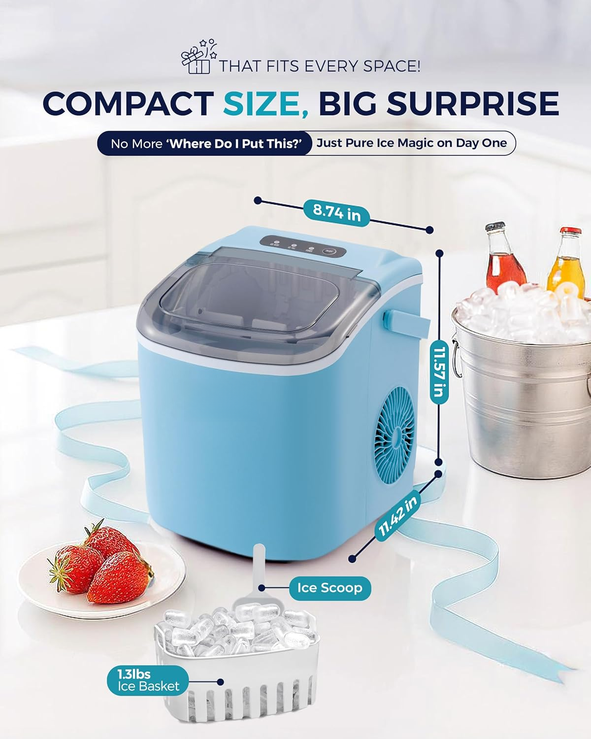 Countertop Ice Maker with Handle, 26Lbs/24H Portable Ice Machine, 9 Ice Cubes Ready in 6 Mins, Auto-Cleaning Ice Maker with Basket & Scoop for Home Kitchen Camping RV, Blue
