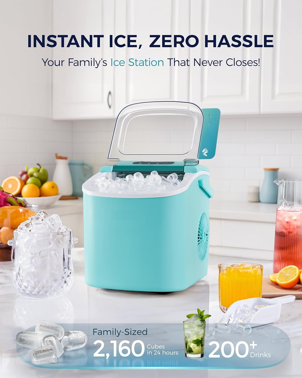 6 Mins Fast Countertop Ice Maker | 26Lbs Daily, Auto-Cleaning Portable Ice Maker with Handle, Basket & Scoop for Kitchen Camping RV, Green