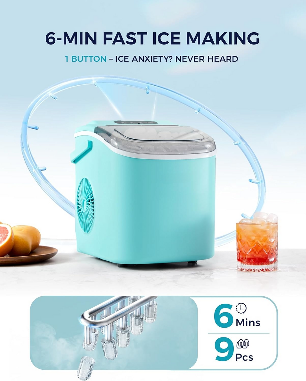 6 Mins Fast Countertop Ice Maker | 26Lbs Daily, Auto-Cleaning Portable Ice Maker with Handle, Basket & Scoop for Kitchen Camping RV, Green
