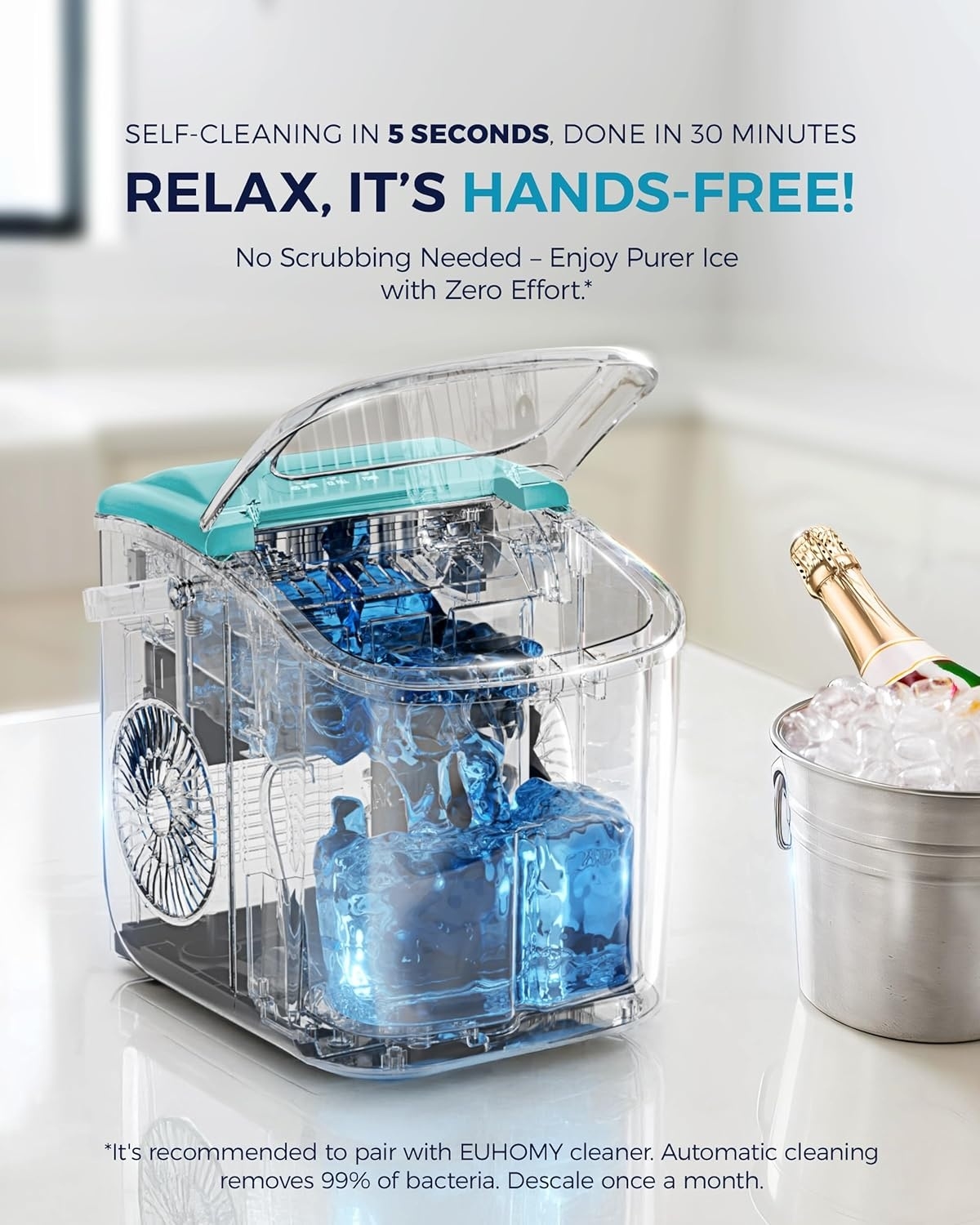 6 Mins Fast Countertop Ice Maker | 26Lbs Daily, Auto-Cleaning Portable Ice Maker with Handle, Basket & Scoop for Kitchen Camping RV, Green