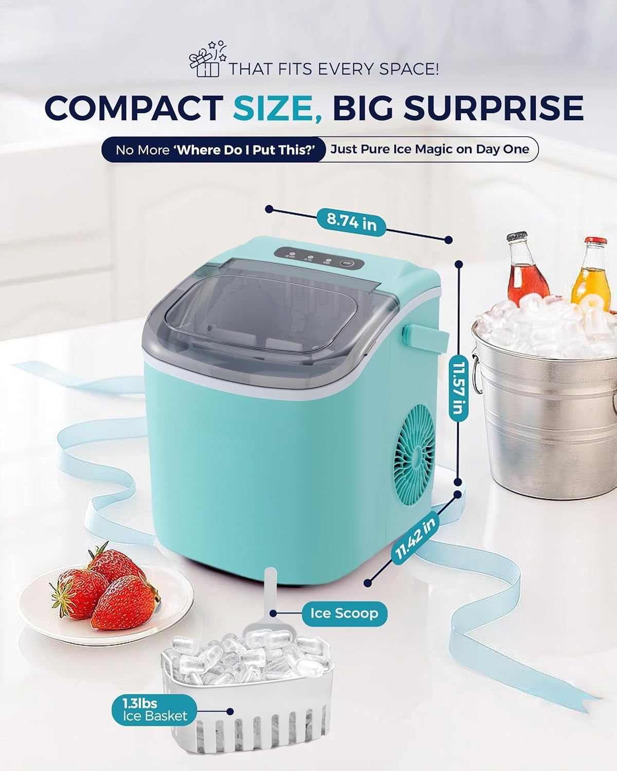 6 Mins Fast Countertop Ice Maker | 26Lbs Daily, Auto-Cleaning Portable Ice Maker with Handle, Basket & Scoop for Kitchen Camping RV, Green