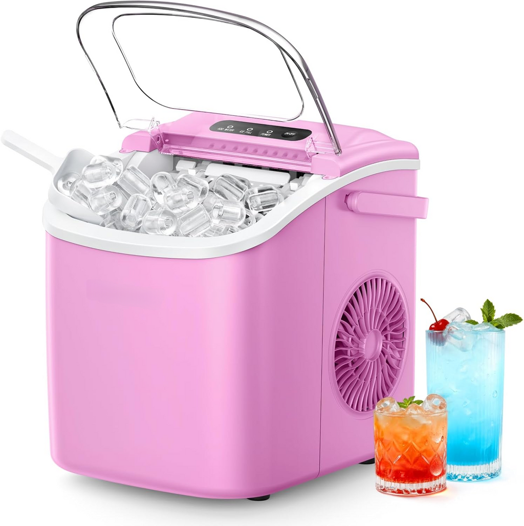26Lbs/24H Countertop Ice Maker, 6 Mins Fast 9 Ice Cubes, Auto-Cleaning Portable Ice Machine with Handle for Home Camping RV, Pink