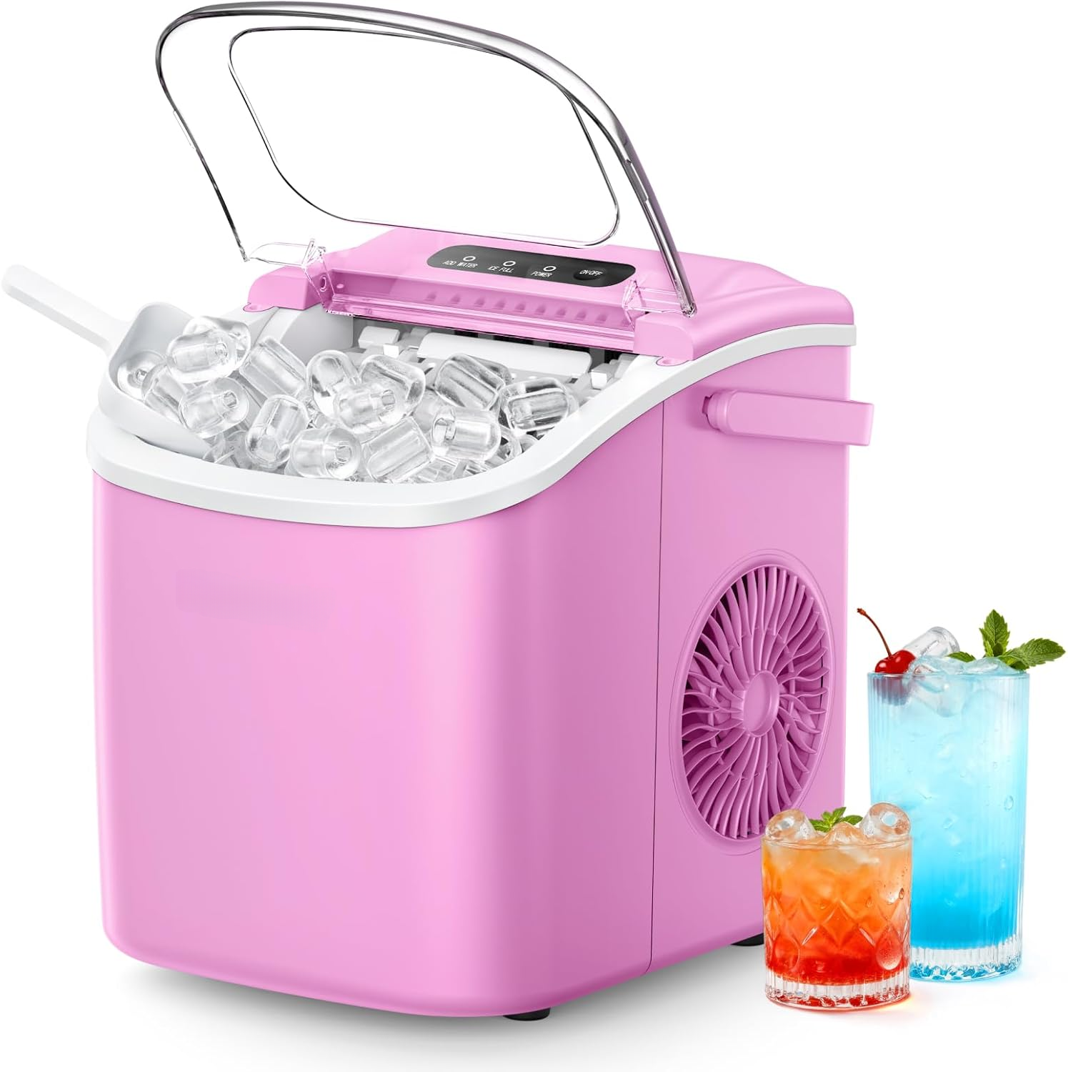 26Lbs/24H Countertop Ice Maker, 6 Mins Fast 9 Ice Cubes, Auto-Cleaning Portable Ice Machine with Handle for Home Camping RV, Pink