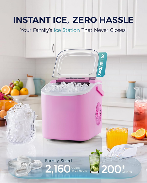 26Lbs/24H Countertop Ice Maker, 6 Mins Fast 9 Ice Cubes, Auto-Cleaning Portable Ice Machine with Handle for Home Camping RV, Pink