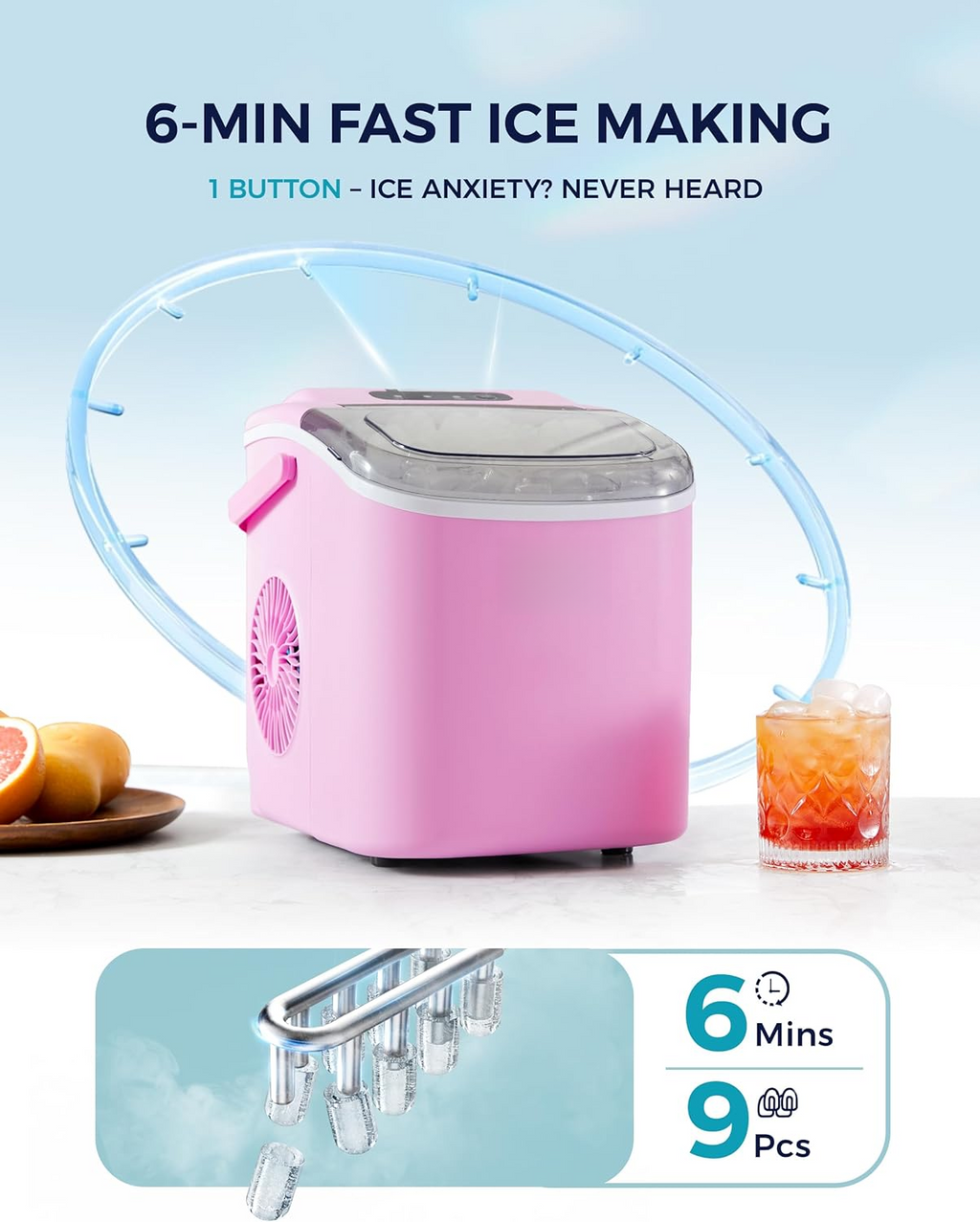 26Lbs/24H Countertop Ice Maker, 6 Mins Fast 9 Ice Cubes, Auto-Cleaning Portable Ice Machine with Handle for Home Camping RV, Pink