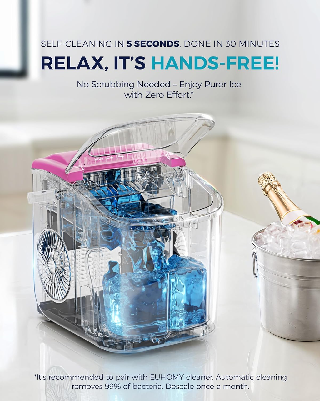 26Lbs/24H Countertop Ice Maker, 6 Mins Fast 9 Ice Cubes, Auto-Cleaning Portable Ice Machine with Handle for Home Camping RV, Pink
