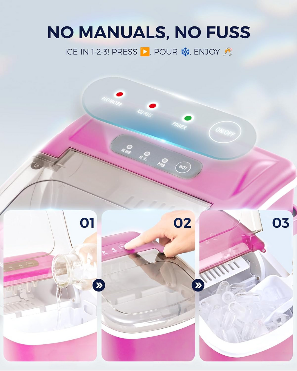 26Lbs/24H Countertop Ice Maker, 6 Mins Fast 9 Ice Cubes, Auto-Cleaning Portable Ice Machine with Handle for Home Camping RV, Pink