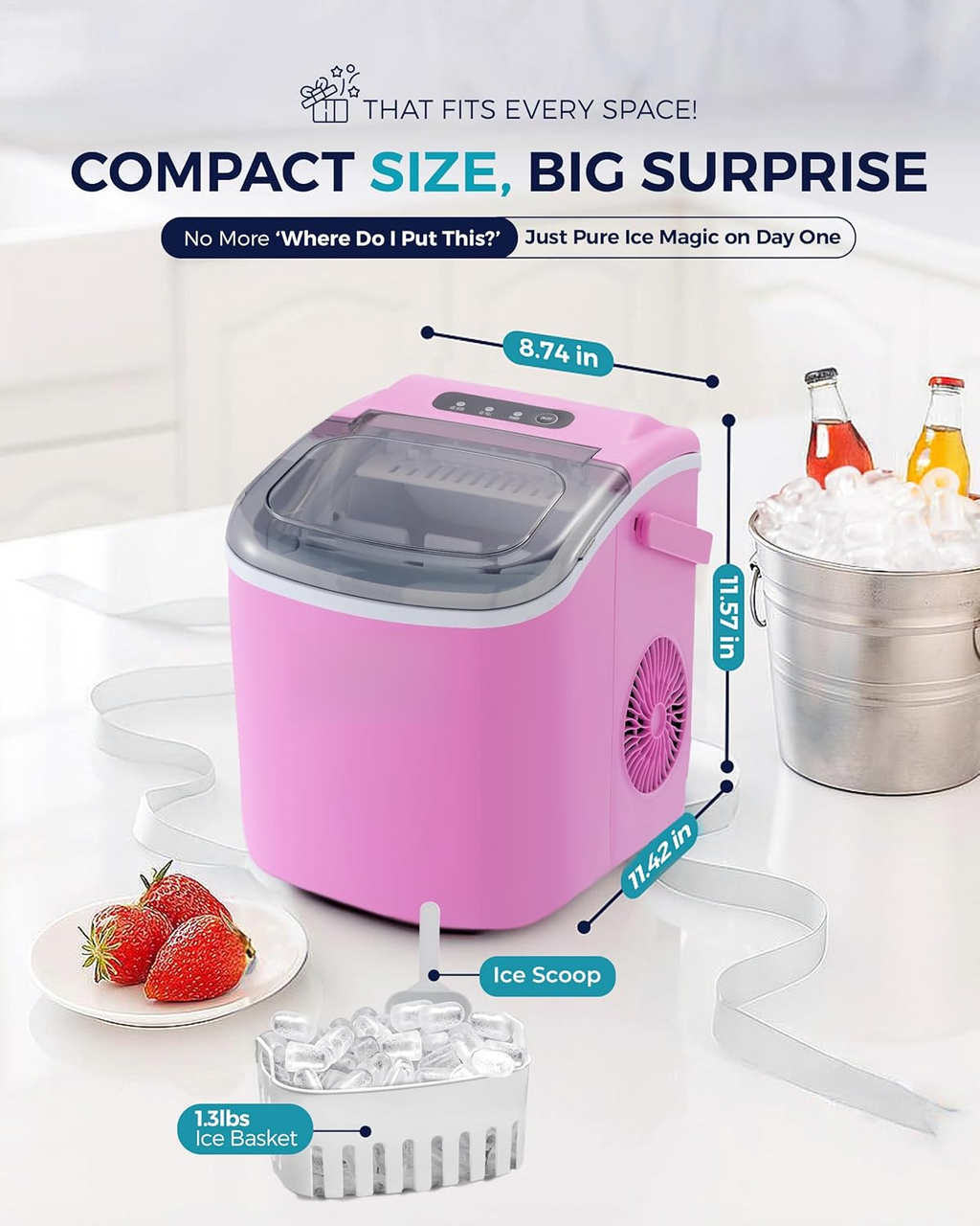 26Lbs/24H Countertop Ice Maker, 6 Mins Fast 9 Ice Cubes, Auto-Cleaning Portable Ice Machine with Handle for Home Camping RV, Pink