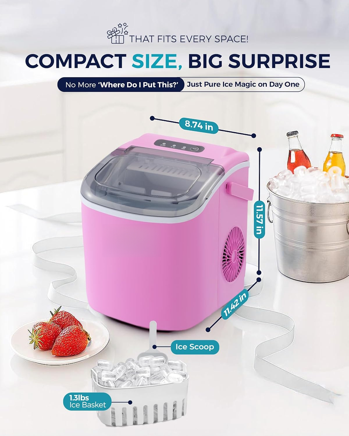 26Lbs/24H Countertop Ice Maker, 6 Mins Fast 9 Ice Cubes, Auto-Cleaning Portable Ice Machine with Handle for Home Camping RV, Pink