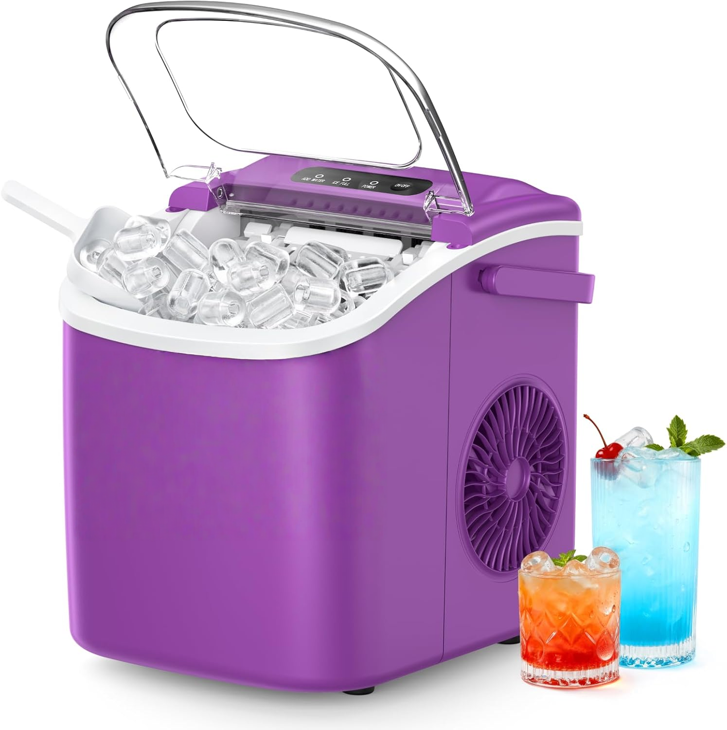 Countertop Ice Maker with Handle, 26Lbs Per Day, 9 Ice Cubes Ready in 6 Mins, Auto-Cleaning Portable Ice Maker with Basket & Scoop for Home Kitchen Camping RV, Purple