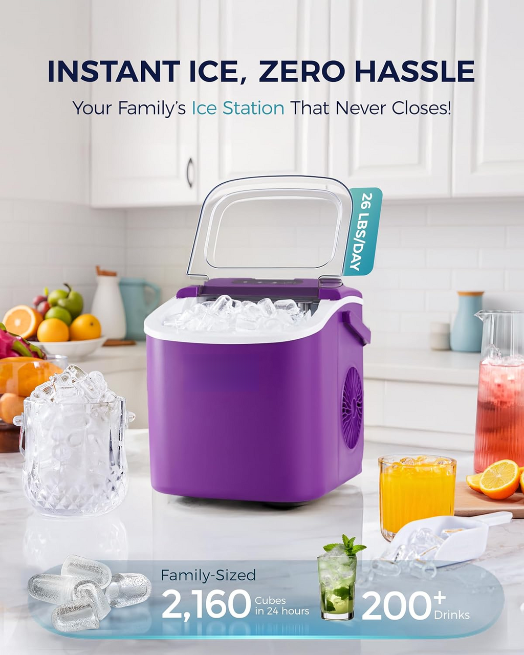 Countertop Ice Maker with Handle, 26Lbs Per Day, 9 Ice Cubes Ready in 6 Mins, Auto-Cleaning Portable Ice Maker with Basket & Scoop for Home Kitchen Camping RV, Purple