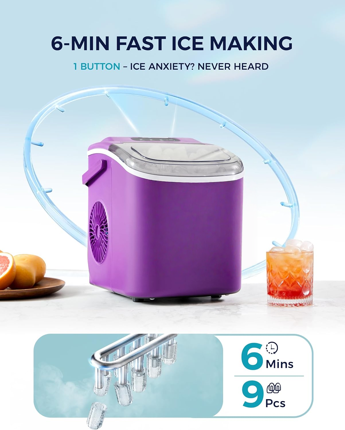 Countertop Ice Maker with Handle, 26Lbs Per Day, 9 Ice Cubes Ready in 6 Mins, Auto-Cleaning Portable Ice Maker with Basket & Scoop for Home Kitchen Camping RV, Purple