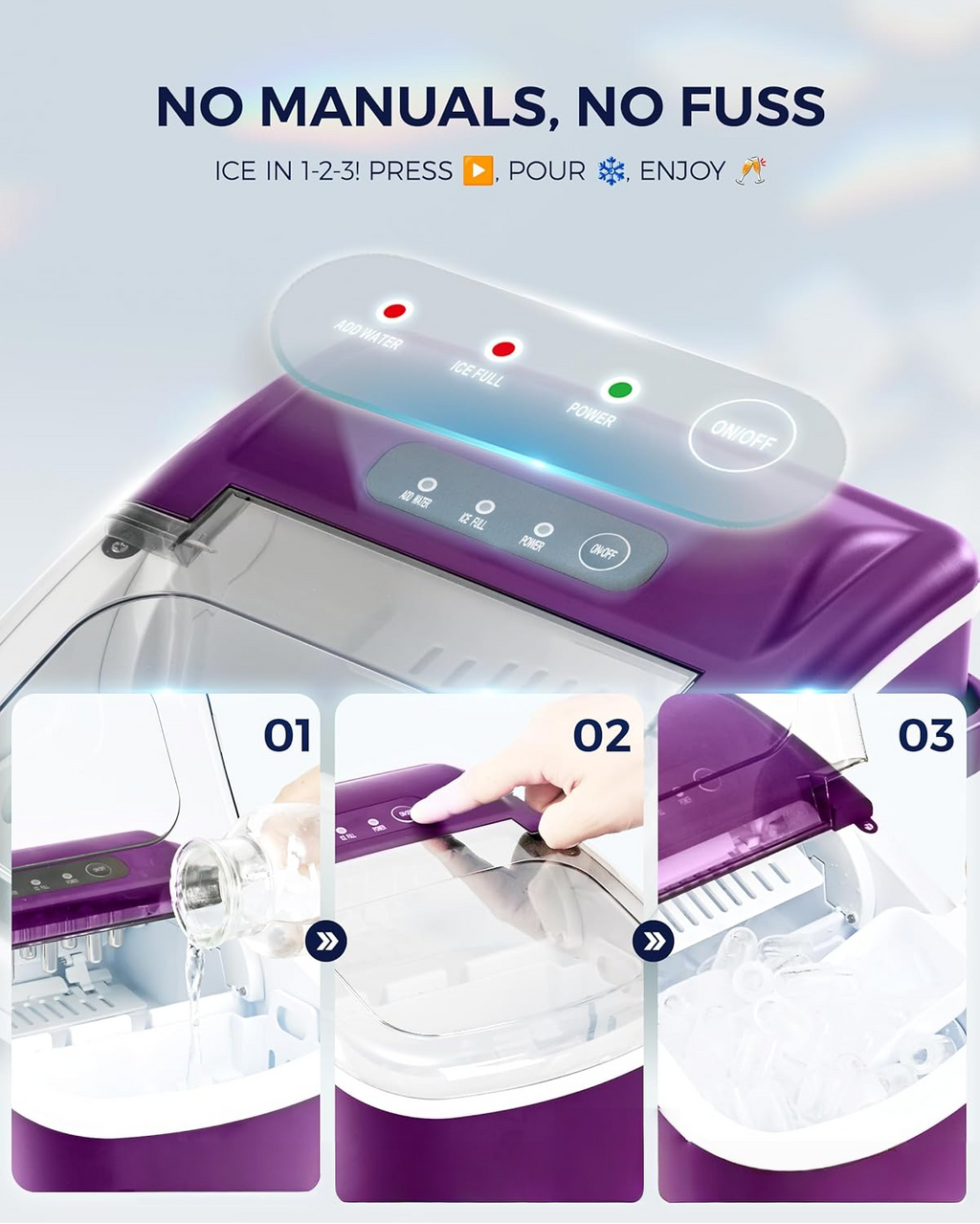 Countertop Ice Maker with Handle, 26Lbs Per Day, 9 Ice Cubes Ready in 6 Mins, Auto-Cleaning Portable Ice Maker with Basket & Scoop for Home Kitchen Camping RV, Purple