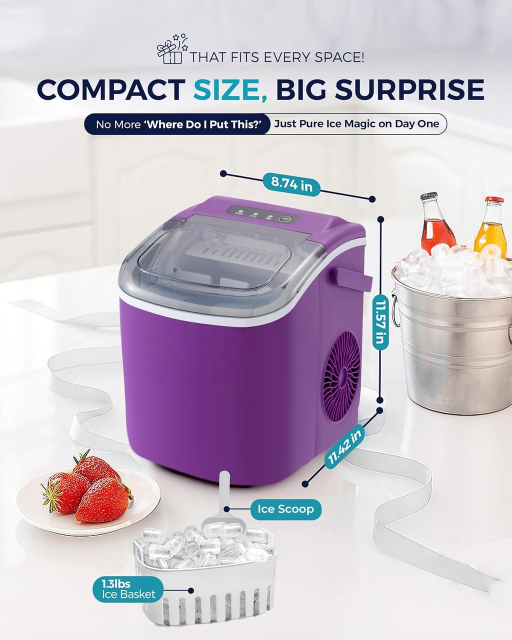 Countertop Ice Maker with Handle, 26Lbs Per Day, 9 Ice Cubes Ready in 6 Mins, Auto-Cleaning Portable Ice Maker with Basket & Scoop for Home Kitchen Camping RV, Purple