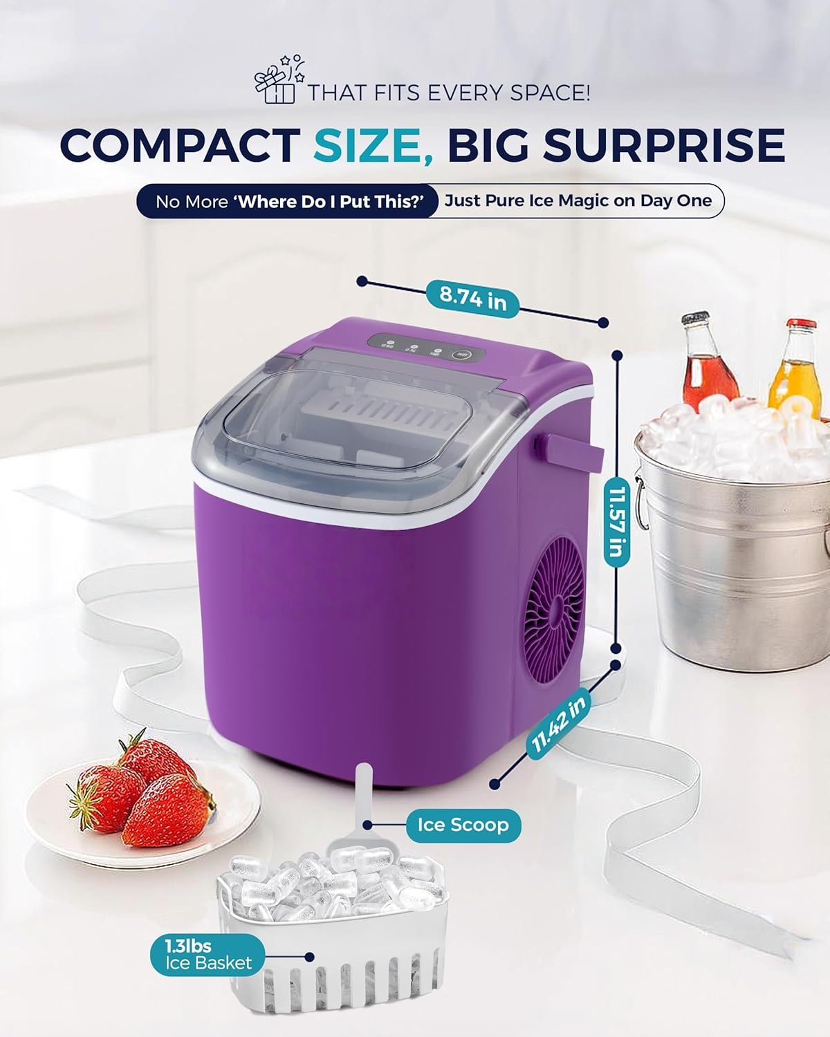Countertop Ice Maker with Handle, 26Lbs Per Day, 9 Ice Cubes Ready in 6 Mins, Auto-Cleaning Portable Ice Maker with Basket & Scoop for Home Kitchen Camping RV, Purple