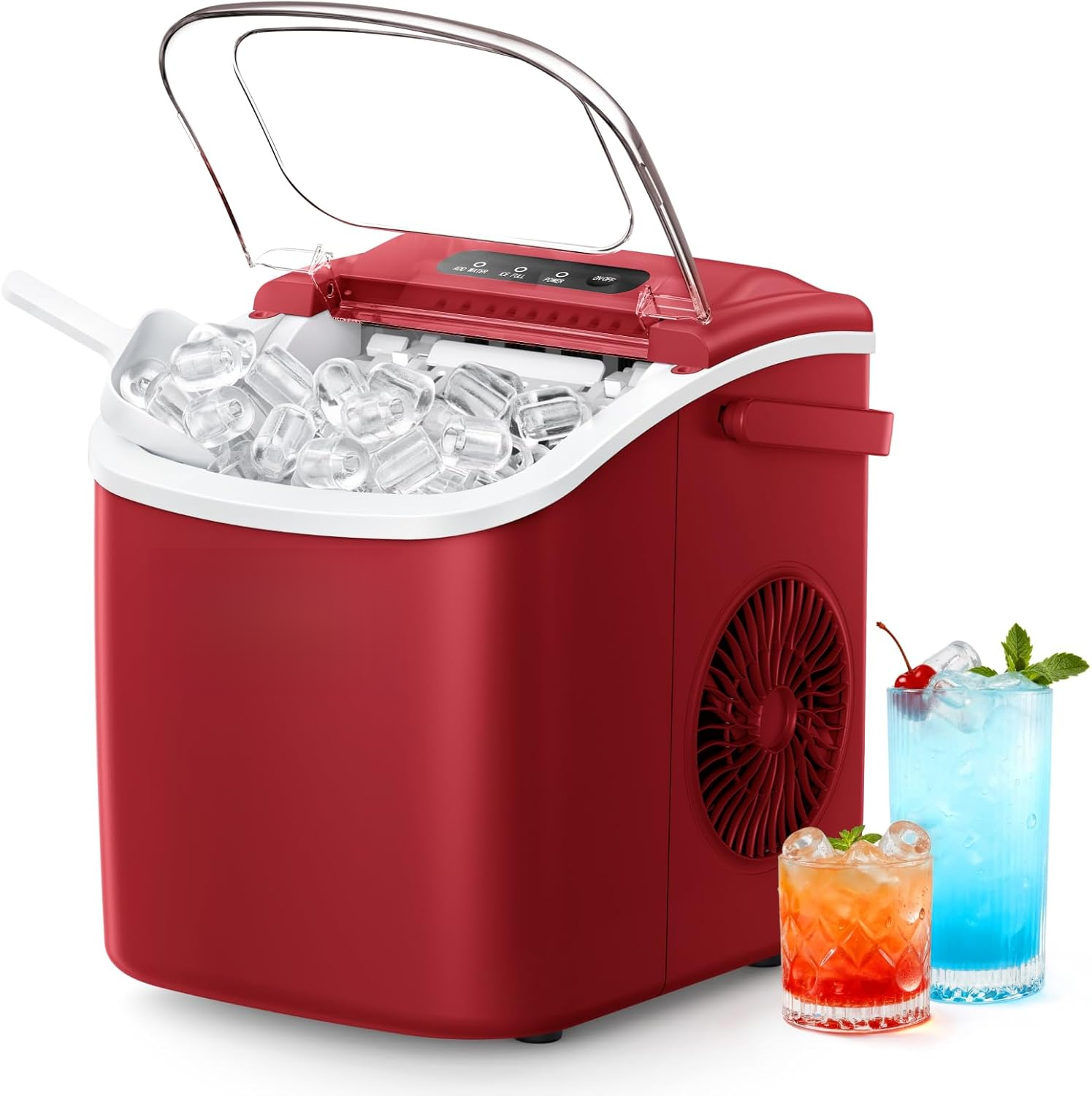 Countertop Ice Maker with Handle, 26Lbs Per Day, 9 Ice Cubes Ready in 6 Mins, Auto-Cleaning Portable Ice Maker with Basket & Scoop for Home Kitchen Camping RV, Red
