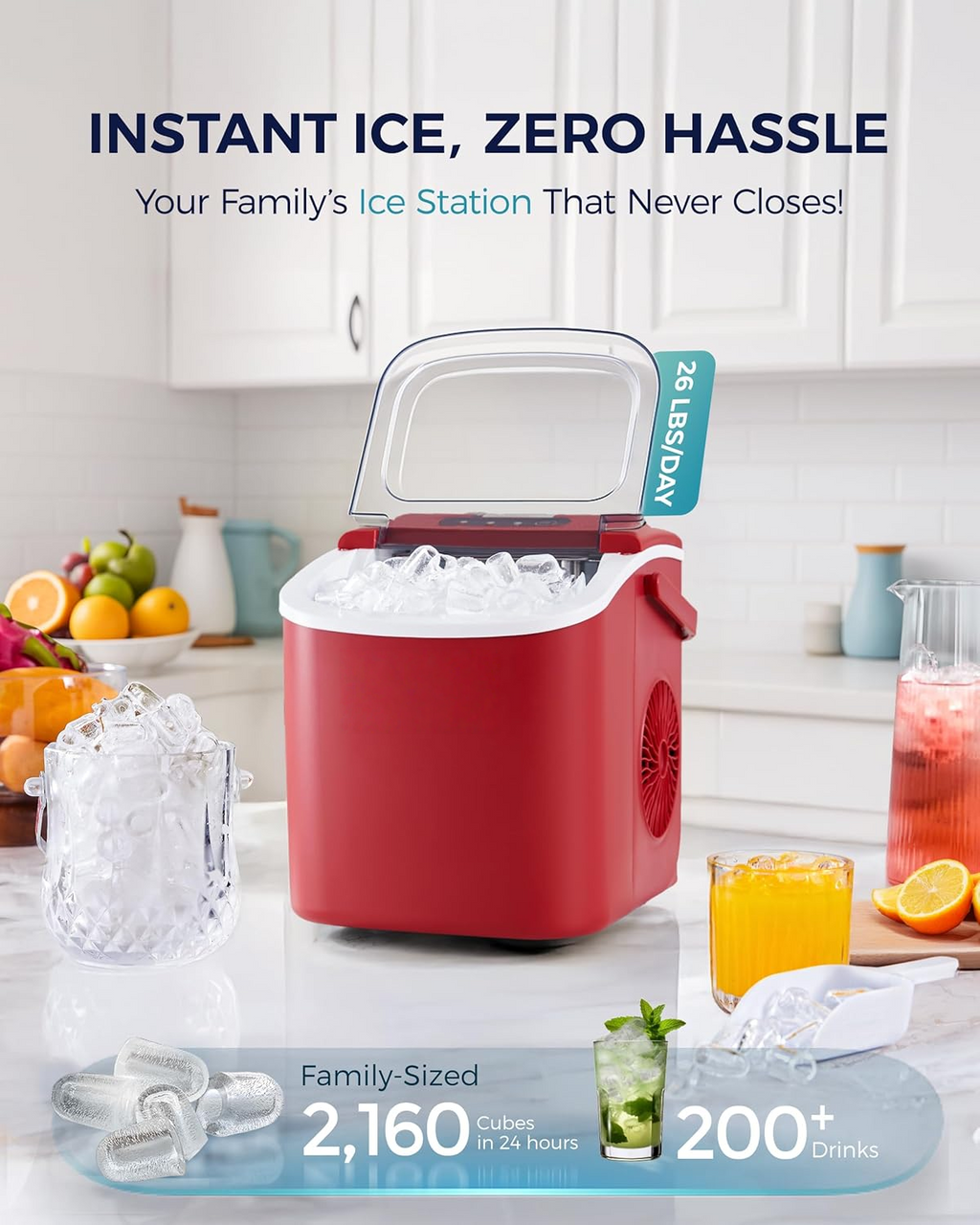 Countertop Ice Maker with Handle, 26Lbs Per Day, 9 Ice Cubes Ready in 6 Mins, Auto-Cleaning Portable Ice Maker with Basket & Scoop for Home Kitchen Camping RV, Red