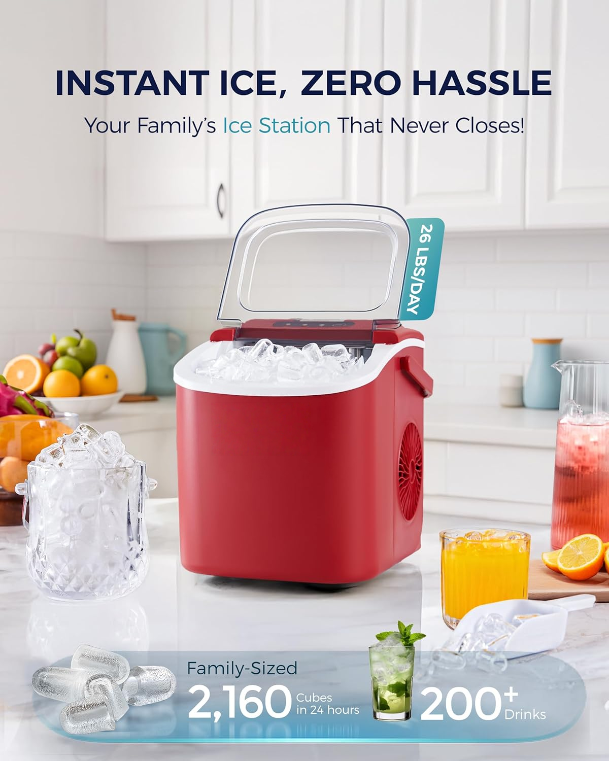 Countertop Ice Maker with Handle, 26Lbs Per Day, 9 Ice Cubes Ready in 6 Mins, Auto-Cleaning Portable Ice Maker with Basket & Scoop for Home Kitchen Camping RV, Red